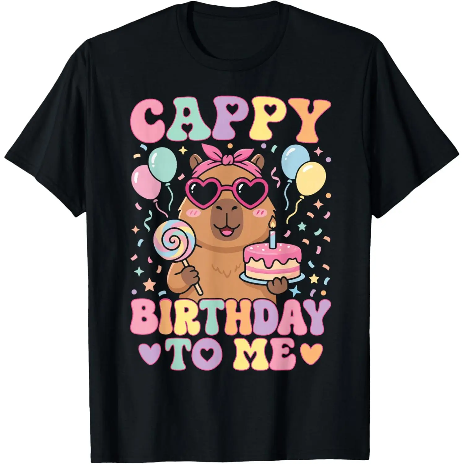 Capybara Birthday T-Shirt for Cute Girls, Straight Bottom, Solid Casual Fabric, Funny "Birthday to Me" Design (Sports & Outdoor Top), Cotton, Fit, Shortsleeve, Round Neck, Women, Casual Wear, Youth, All Over Print, Double Needle, Classic Fit, Cappy Birthd
