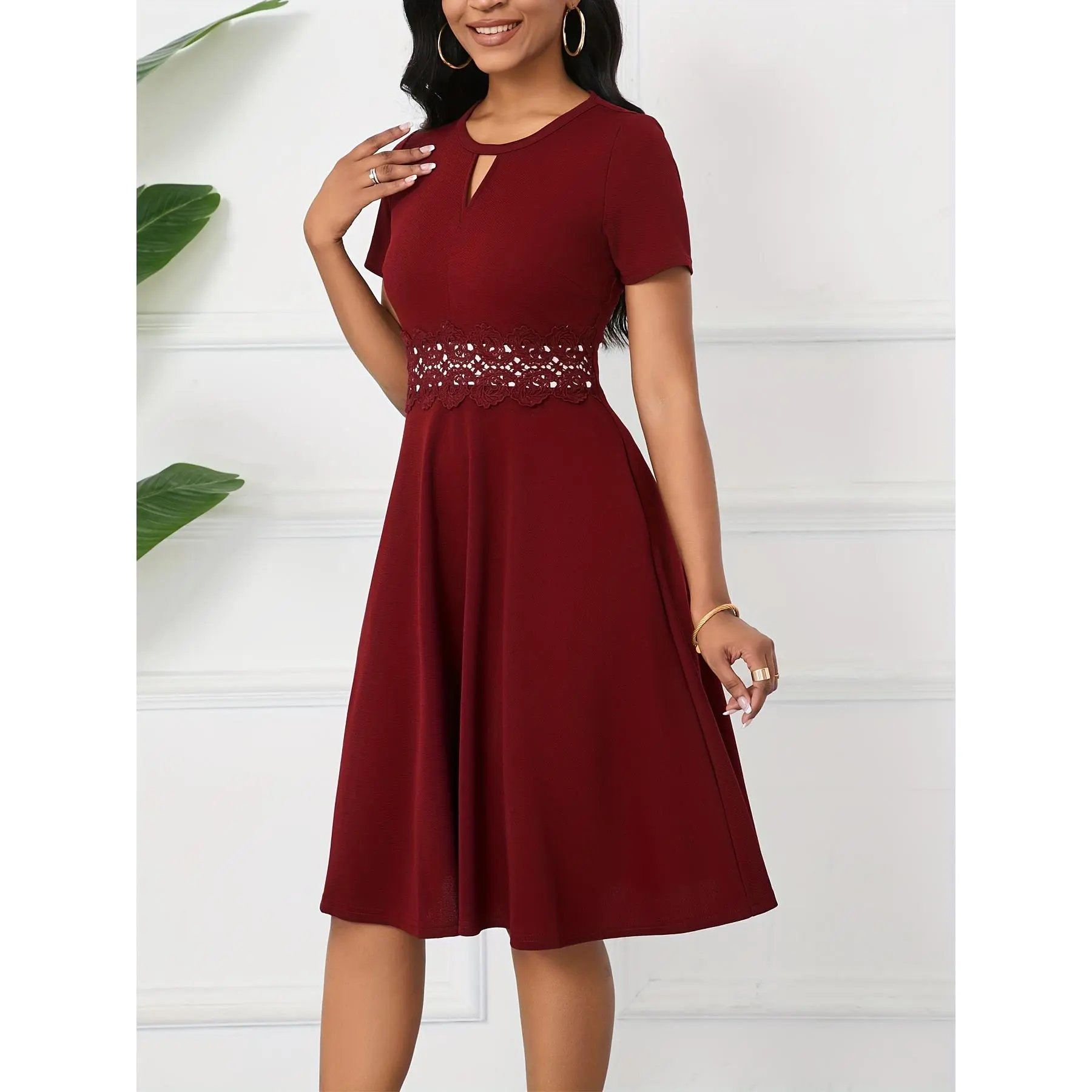 Buckle concierge lace dress, vintage short sleeve a line party dress, WOMEN'S clothing