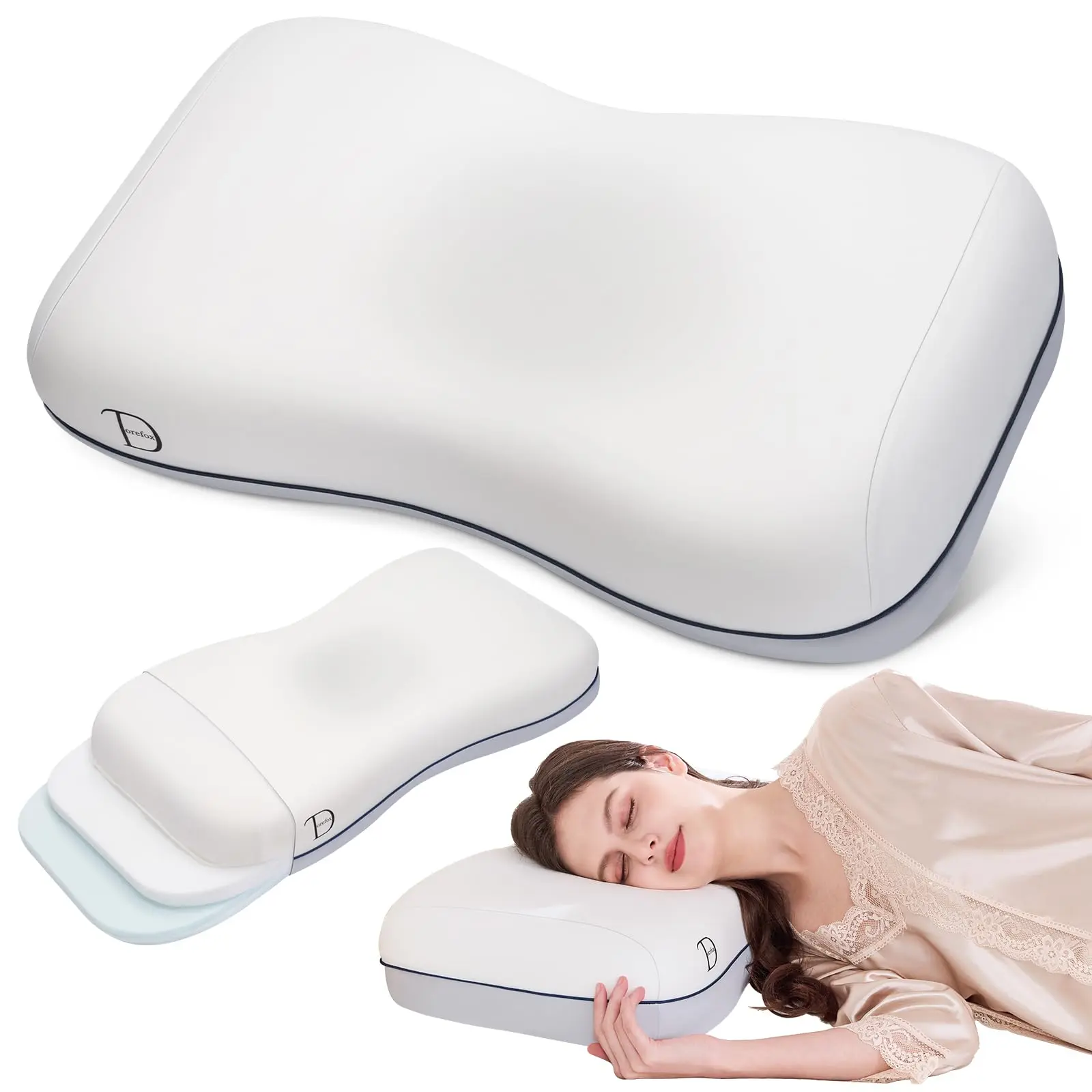 Dorefox King Size Contoured Memory Foam Cervical Pillow - Odorless Ergonomic Orthopedic, Non-Collapse, Anti-Allergic, Cooling Sleep Neck Pain Relief Side Sleeper Pillow with Mellow Adapt Design