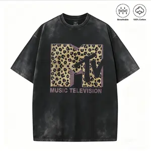 MTV Leopard Print Logo Graphic T-Shirt, Vintage Washed 100% Cotton Oversized Crew Neck Short Sleeve Tee for Men Women, Retro 80s 90s Music Television Casual Streetwear, Breathable Summer Top,funny graphic tee, men’s trendy t-shirts, deals, humorous, 90s