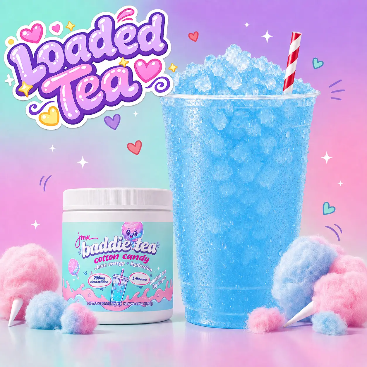 JMX Baddie Tea - Loaded Tea, Cotton Candy Flavor, 200mg Clean Caffeine, L-Theanine, B-Complex, 0g Sugar, Clean Energy + Hydration