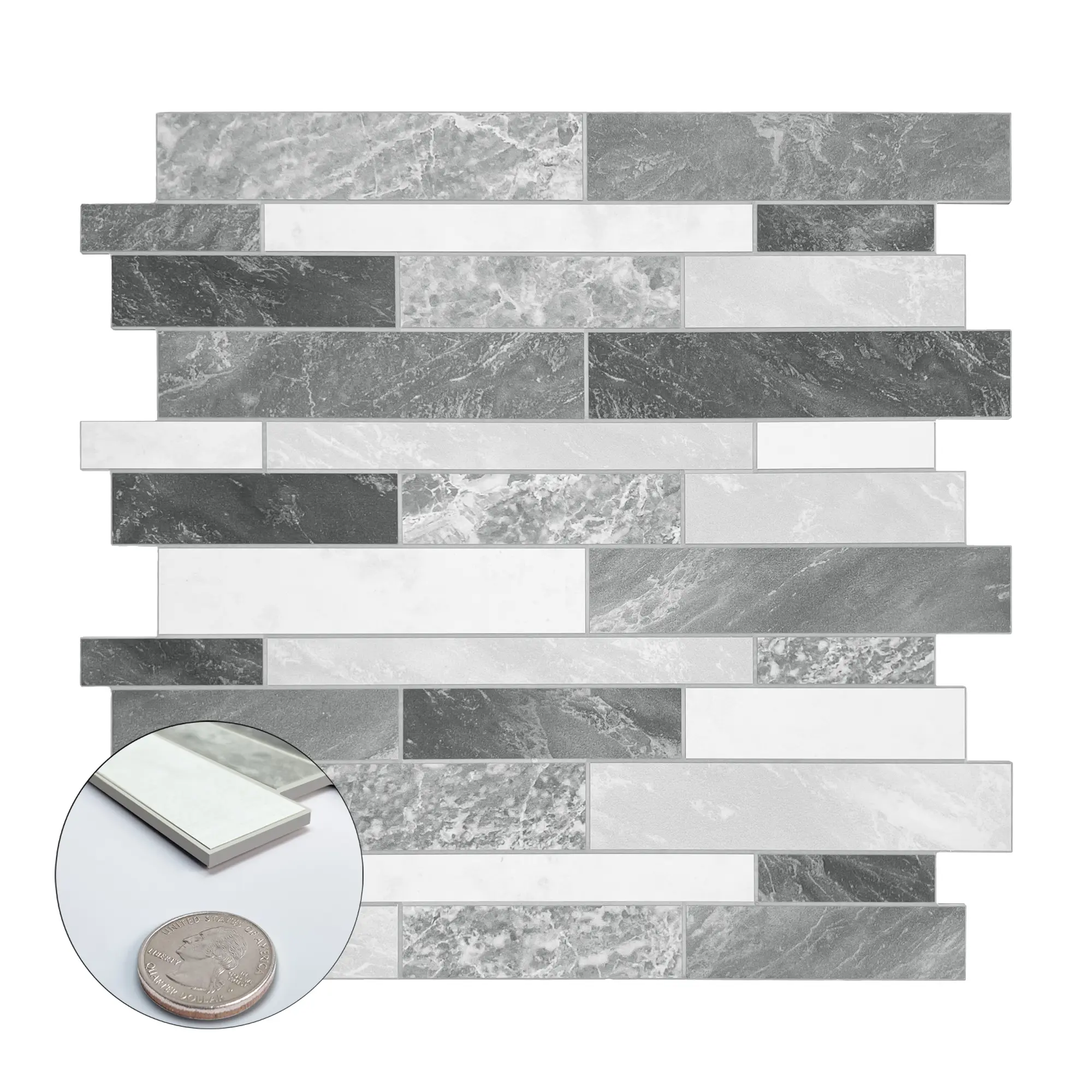 INNO STICKERS 10-Sheet Peel and Stick Backsplash Stone Composite Self Adhesive Tiles, 11.1" x 11.3" Grey White Mixed Color Embellished Stripes Brick Stick on Backsplash for Kitchen, Bathroom, Fireplace