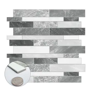 INNO STICKERS 10-Sheet Peel and Stick Backsplash Stone Composite Self Adhesive Tiles, 11.1" x 11.3" Grey White Mixed Color Embellished Stripes Brick Stick on Backsplash for Kitchen, Bathroom, Fireplace