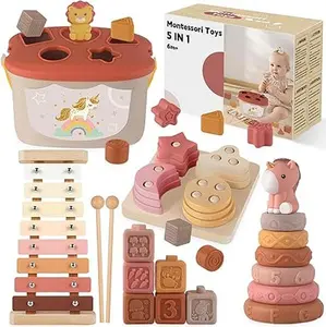 Montessori 5-in-1 Baby Activity Cube, Wooden Sensory Playset, Educational Learning Toy, Pull String Toy, Fine Motor Skills, Hand Eye Coordination, Cognitive Development, Shape Sorting, Busy Board, Toddler Toy 1-3 Years, Early Learning Gift for Boys Girls