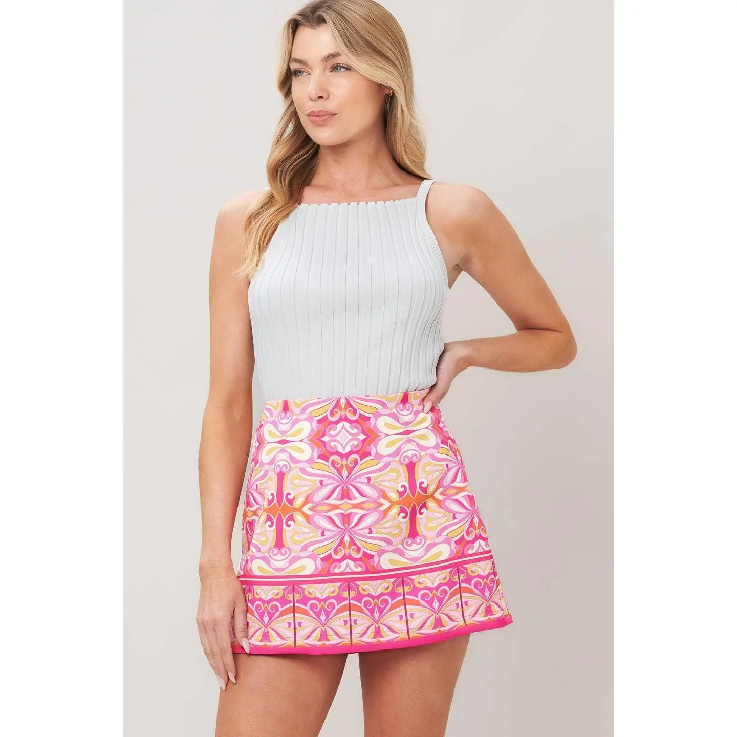 Pink Abstract Print Woven Skort
