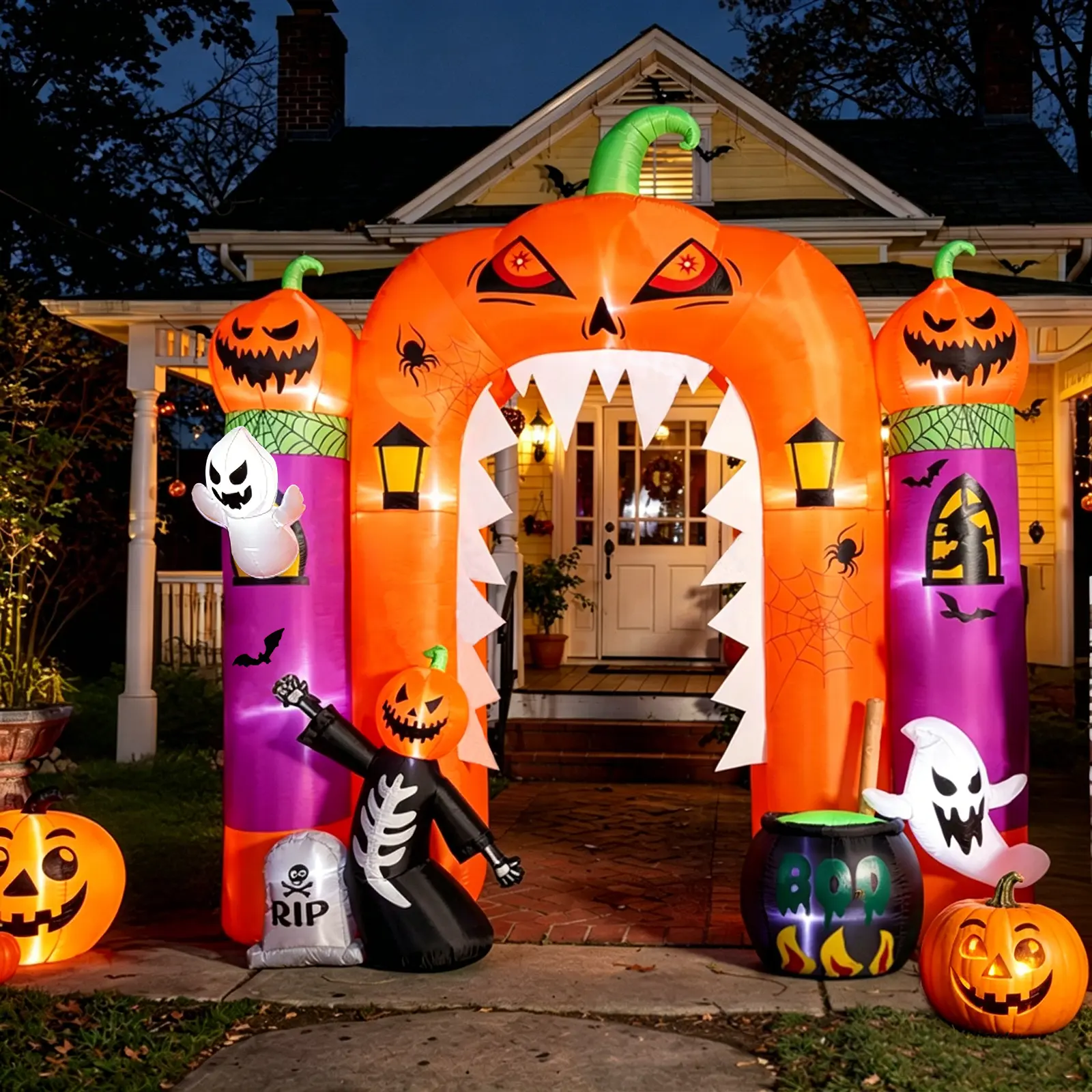 SHareconn 10FT Tall PVC Spooky Blow Up Pumpkin Decor, LED-Lit Holiday Decoration, Indoor/Outdoor Halloween Front Porch Lawn Garden Decor, Festive