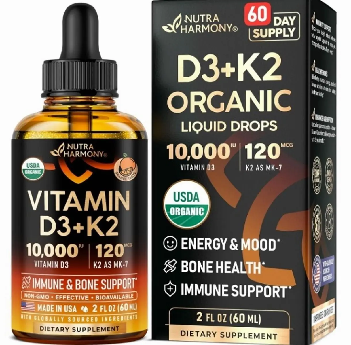 Vitamin D3 K2 USDA Organic Drops - Vitamin D3 10000 IU & K2 120mcg - 2 OZ | Immune & Mood Support, Bone & Teeth Health - Sugar-Free, Orange Flavor - Liquid Supplement for Men & Women - 60-Day Supply
