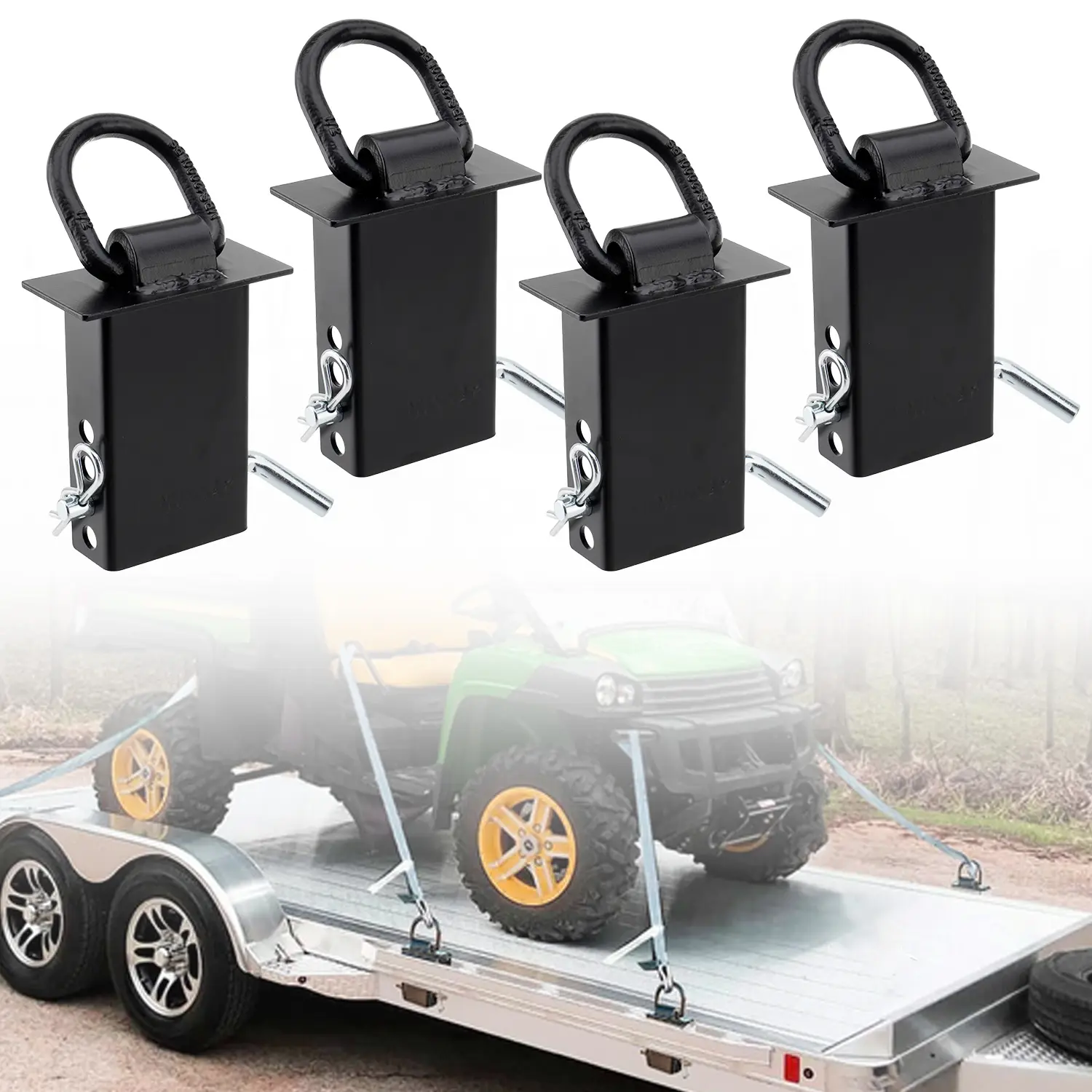 4-Pack 16200lbs Heavy-Duty Steel Trailer Stake Pocket D-Ring Tie Downs for Flatbed Trucks, 1/2" Hitch Pin, 2"x4" Standard Pockets, Removable Flexible Towing Accessory, Father's Day Gift, Vehicle Accessory