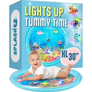 Lights Up Tummy Time Water Mat for Babies, 30" X-Large Baby Water Mat Tummy Time for Sensory with LED Glowing Fishes, Inflatable Fun Pad for Infants Toddlers 3 to 36 mo