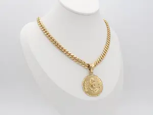 Gold Praying Hands Necklace 14k Heavy Plated Gold 7mm Curb Style Chain Waterproof No Fade 30mm Pendant Lifetime Replacement Guaranteed