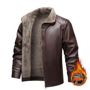 Men’s winter leather jacket with fleece lining, warm leather coat with lapel collar for daily casual and commuter wear, long style