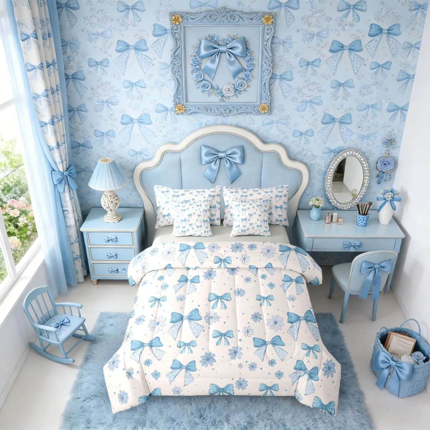 Feelyou 7-Piece Blue Bow Bed Comforter Set - Cute Bedding with Sheets, Modern Aesthetic Coquette Bowknot Design, Girls' Room Decor, Bed Sheets