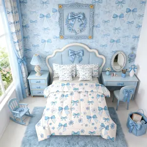 Feelyou 7-Piece Blue Bow Bed Comforter Set - Modern Aesthetic Bedding with Sheets, Coquette Bowknot Design, Girly Bedroom Decor for Girls