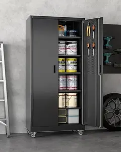 Aobabo 71" Rolling Black Metal Garage Storage Cabinet with Wheels & Pegboard Doors, Lockable Heavy Duty Steel Tool Organizer with 5 Adjustable Shelves, Mobile Freestanding Utility Cupboard for Home Workshop, Assembly Required