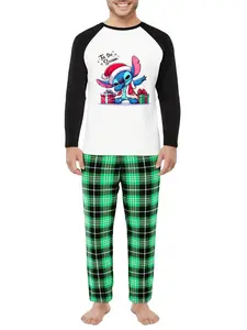 Disney Men's Stitch Christmas Homewear Set Green Plaid Pajama Pants & Black Raglan Top Festive Holiday Sleepwear Soft Comfortable Fabric
