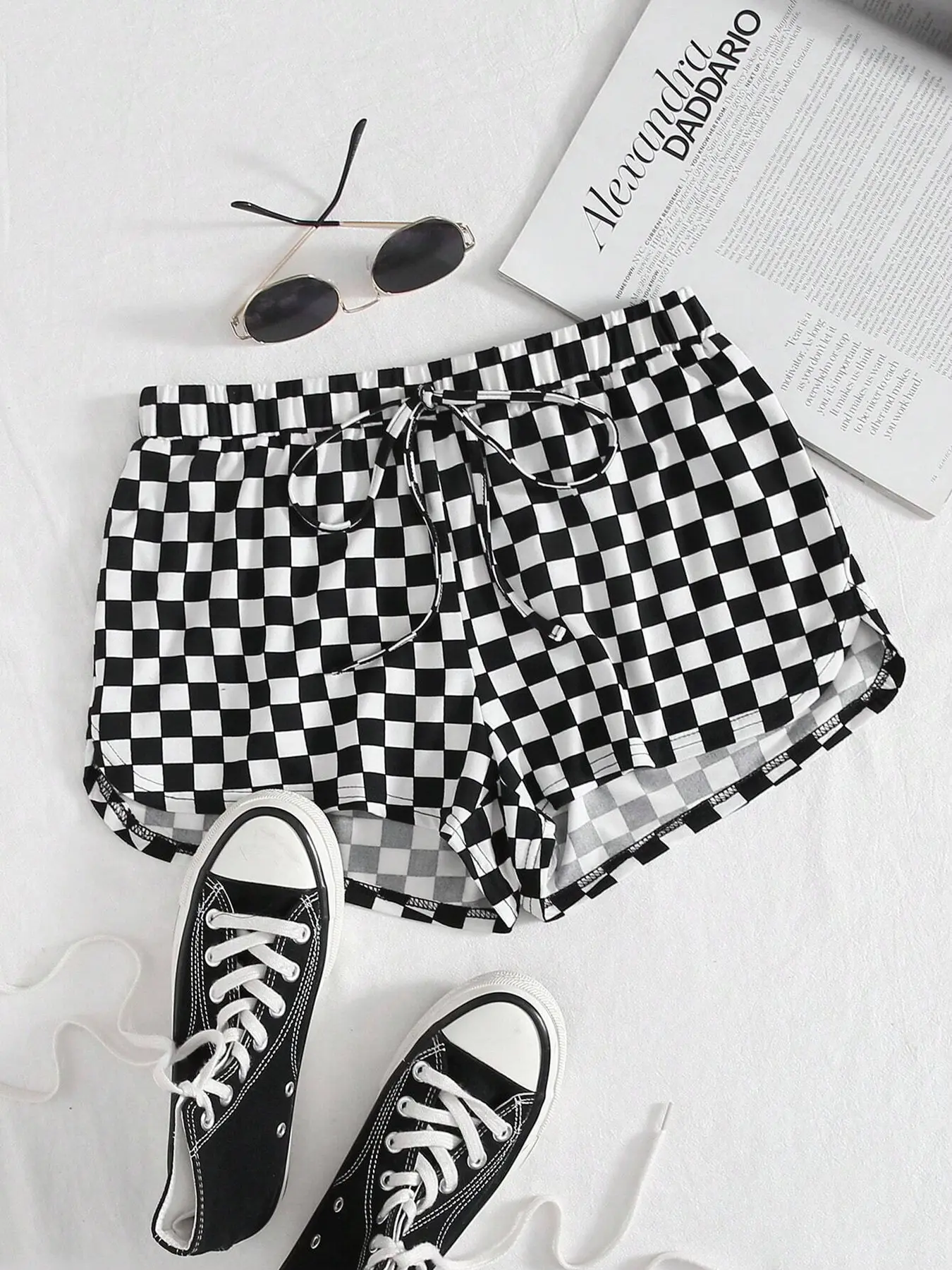 1 Piece Elastic Adjustable Drawstring Checkerboard Casual Fit Womenswear Bottom Shorts, Daily Everyday Loose Loungewear, Checkered Summer Shorts