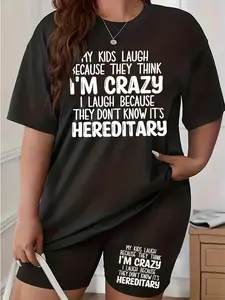 Two Piece Set Of Summer Casual Sportswear With Plus Size Letter Print, Absorb Sweat Breathable Solid Color Fashion Plus-size Clothing