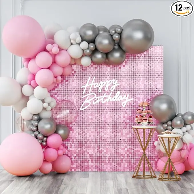 Shiny Pink Iridescent Square Sequin Wall Panel Backdrop Decoration for Wedding, Party, Camera Photography Setup