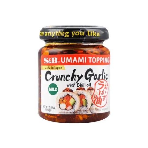 S&B Umami Topping Crunchy Garlic with Chili Oil Mild Flavor Sauce 3.88 oz For Chicken Sushi Pasta Salad Noodles Tofu Rice Made in Japan
