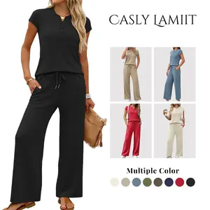Casly Lamiit Women's 2-Piece Basic Cropped Pant Set - Soft, Lightweight, Breathable Fabric Cap Sleeve Top with Button, Matching Drawstring Wide Leg Crop Pants, Minimalist Loungewear for Casual, Travel Summer Outfits,summervibes outdoorfun