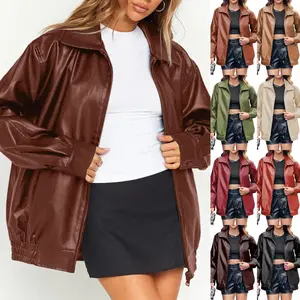 Danedvi Womens Oversized Leather jacket Lapel Bomber Coat Classic Casual Zip Up Warm Fall Winter Clothing Dress Tops