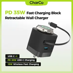 CHARCO Charging Block for Apple Watch, 35W Retractable Wall Charger USB C Built in Wireless Smart Watch Charging and Foldable Plug, Charger Block Compatible with iPhone, AirPods, iWatch