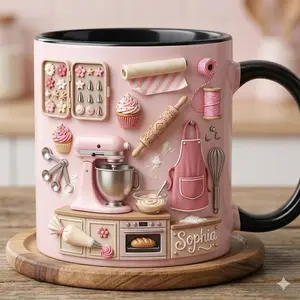 Custom Name Baking Accent Mug 2D Printed 3D Effect Coffee Cup, Personalized Ceramic Mug with Kitchen Tools Design for Bakers Pastry Chefs, Cute Pink Baking Lover Keepsake, Gift Idea for Her Women Friends Birthday Housewarming Present