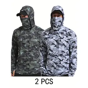 2pcs Camo Quick-Dry Lightweight Hooded Fishing Sun Protection Shirt - Breathable Long Sleeve Outdoor Gear for Men, White & Gray Pattern, UV Protection, Fishing & Hiking