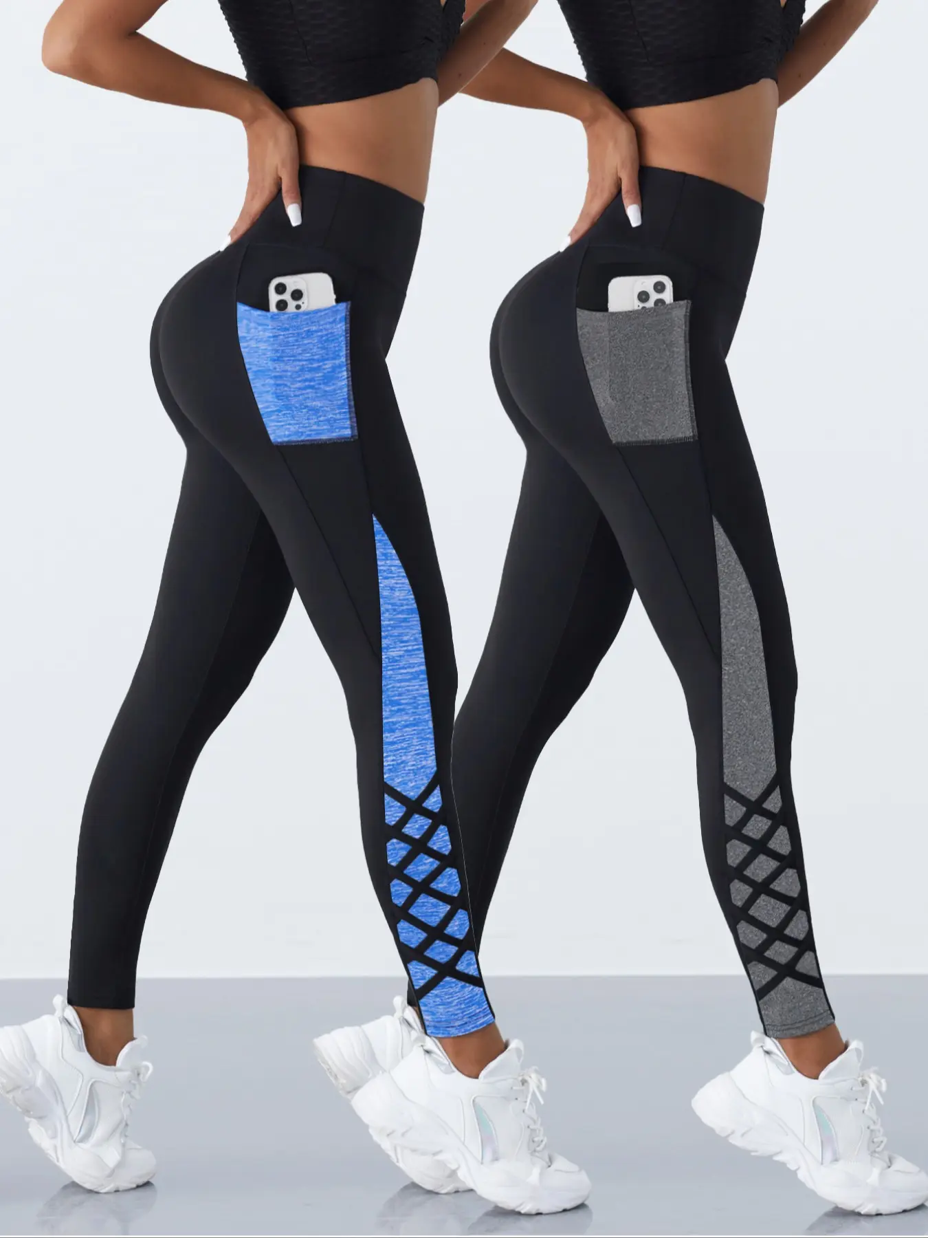 2 Pcs Crossover Straps Color Block Pocket Yoga Pants, Women's Sports Trousers, Stretchy High Waist, Suitable for All-seasons Wear, High Waisted Leggings, Yoga Workout Pants, Athleisure Bottoms, Activewear for Fitness, Gym Workout Sportswear