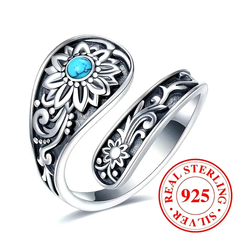 Sunflower Ring with Turquoise Inlay-Handmade Wedding Band, Boho Chic Jewelry Gift for Women