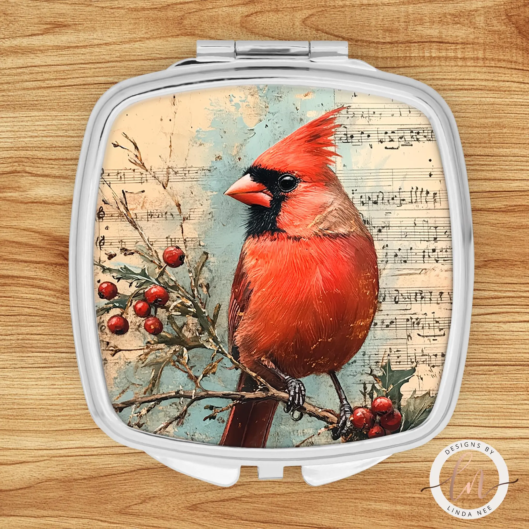Cardinal Christmas Compact Mirror - Vintage Music Gift