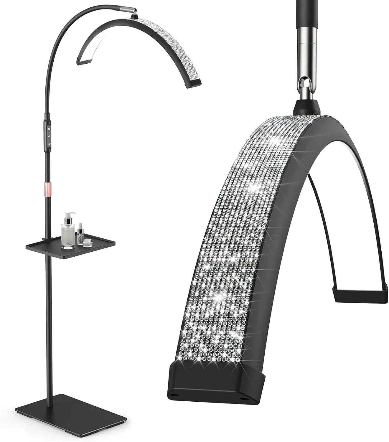 23 Inch Bling Diamond Half Moon Lash Light for Eyelash Extensions, Professional LED Nail Art Light with Adjustable Color Modes, Dimming, Flexible Rotation, and Tool Tray for Skincare - Black