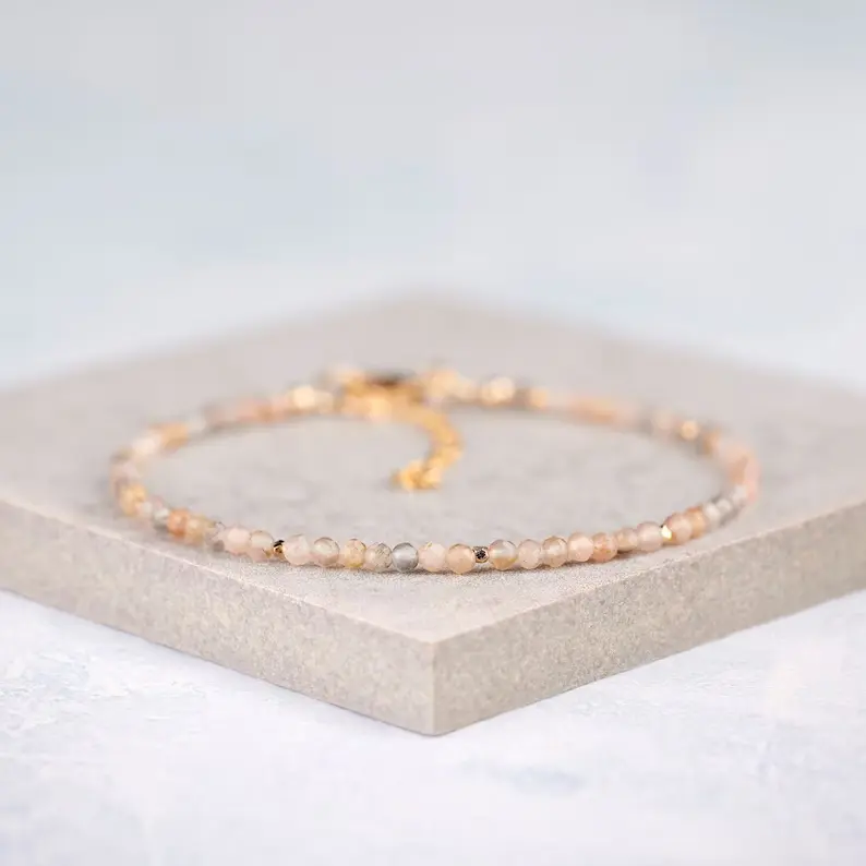 Women's Round Sunstone Tiny Beads Peach Healing Chakra Gold-Plated Chain Minimalist Crystals Bracelet, Hand Chain Bracelet for Adults, Daily Wear Gift