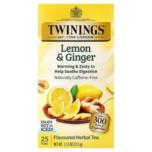 Twinings Flavored Herbal Tea, Lemon & Ginger, Caffeine Free, 25 Tea Bags, 1.32 oz (37.5 g)
