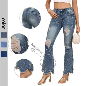 Trendy Women's High - Waisted Distressed Flare Jeans with Studded Embellishments -Frayed Hem