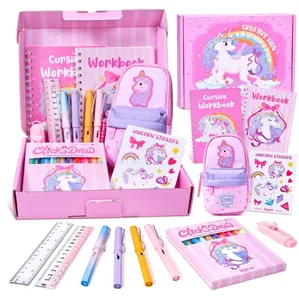 Magical Unicorn School Supply Gift Kit,21 pcs Back to School Essential,Includes No-Sharpen Pencil,Click Marker,Anti-Myopia Ruler,Unicorn Notebook Erasers Stickers Pencil Case.Ideal Kids Stationery Set