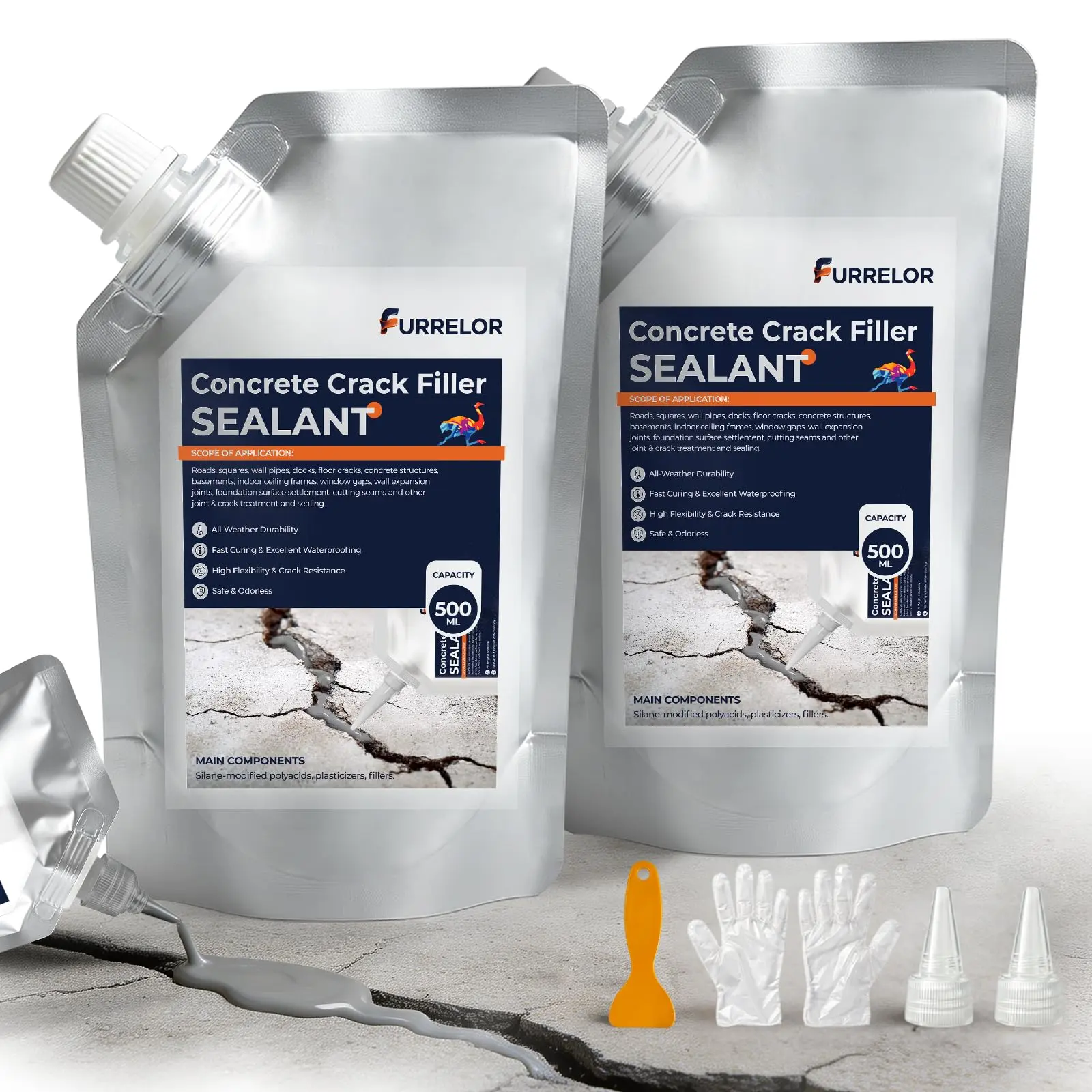 Concrete Crack Filler 2PCS (2.2LB), Concrete Crack Sealant, Self-Leveling Magic Crack Filler, Waterproof Repair Sealant for Cement Driveways, Patio, Sidewalk, Indoor & Outdoor - High Elasticity & Quick Drying - FURRELOR