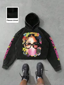 New American Style Graphic Portrait Print Hoodie, Sweatshirts, Unisex Streetwear, Casual, Fitted Short Design, Spring & Fall Fashion, Moderate Fabric Thickness