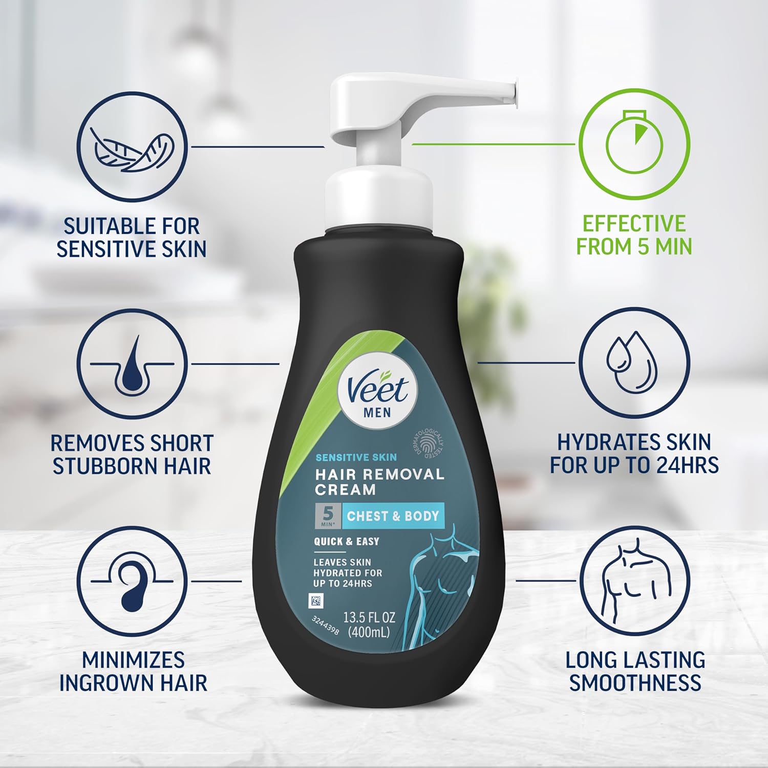 Veet Sensitive Skin Dermatologically Tested 13.5 Fl Oz. 5 Min Men's Hair Removal Gel Cream with Spatula For Body, Chest & Back Springtok Wax