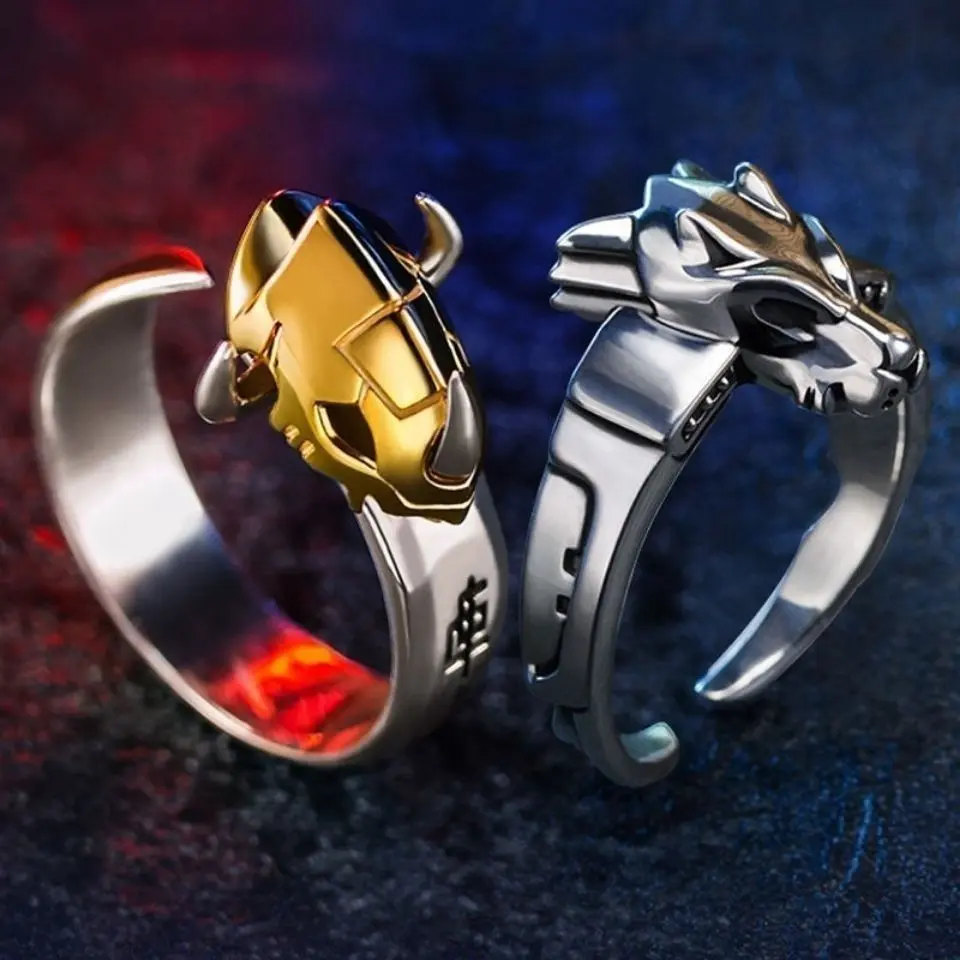 Vintage Dragon Head Open Adjustable Ring Set - Punk Hip-Hop 2-Tone Metal Men's Rings, Costume Jewelry Gifts for Role-Playing, Party Wear