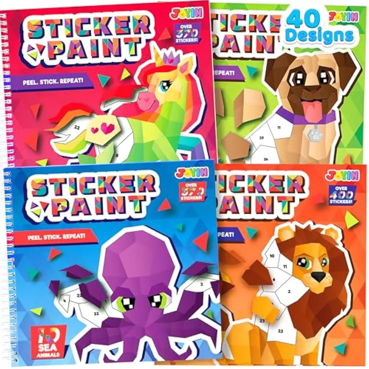 JOYIN 4-Pack Crafts for Kids Sticker Paint Book Gift Party Favor - Paint by Stickers Numbers for Kids Traveling - Safari Unicorn Dog Sea Animals
