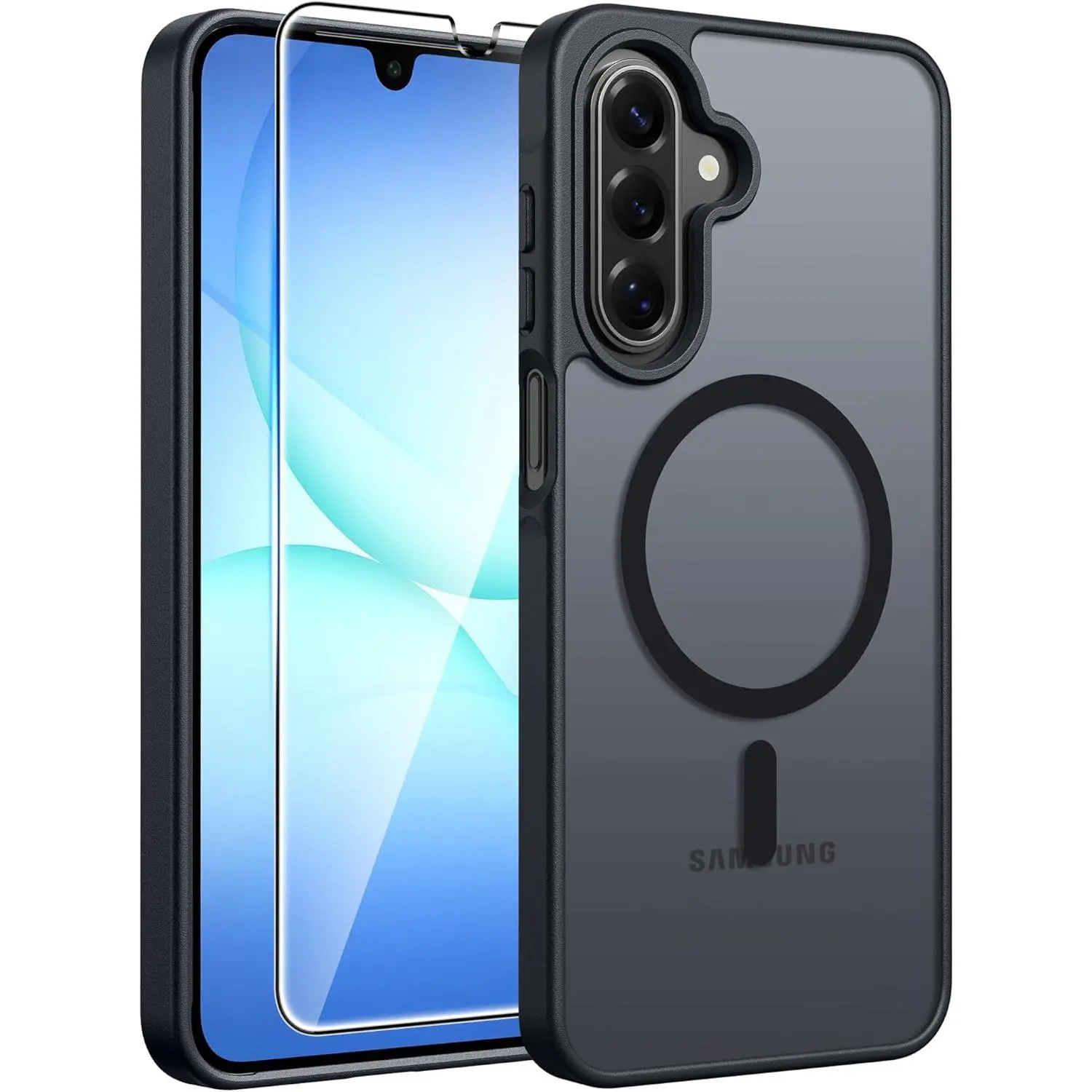 Samsung Galaxy A17/A16 4G/5G Case with Tempered Screen Protector, Magsafe Magnetic Polycarbonate Matte Transparent Military-Grade Shockproof Slim Durable Protection Cover (Black)
