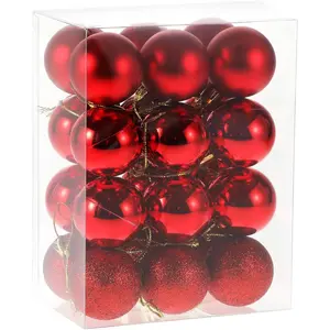 24pcs 1.5" Pre-Strung Christmas Balls Ornaments, 3 Style Shatterproof Hanging Balls for Xmas Tree Birthday Halloween Wedding Holiday Decorations (Red)