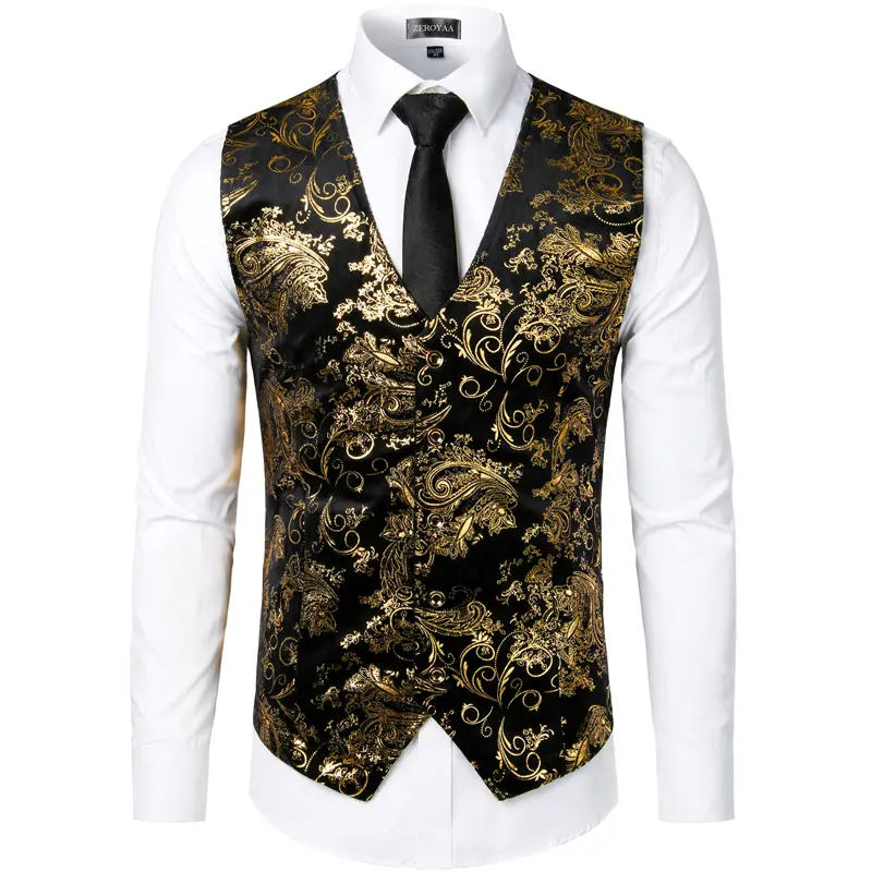 ZEROYAA Men's Shiny Metallic Paisley Print Suit Vest, Slim Fit V-Neck Tuxedo Waistcoat for Prom, Parties & Dances, Fabric, Soft