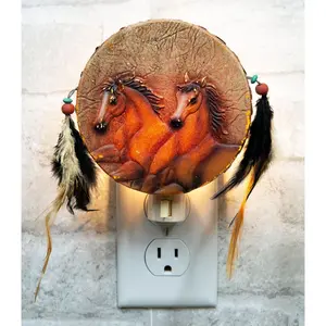Rustic Western Tribal Indian 2 Running Horses Dreamcatcher Plug In Night Light
