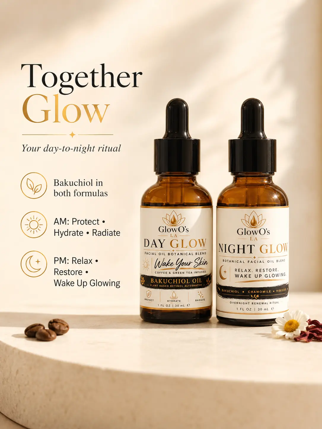 Together Glow By GlowO's LA Day & Night Infused Oils - Bakuchiol Facial Moisturizer with Coffee, Lavender, Green Tea, Pumpkin Blends for Smooth Skin, Botanical Skincare Serum