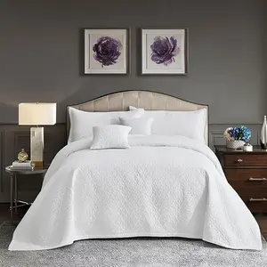 Bedspread 128x120 Extra Wide, Modern & Contemporary Look, Lightweight Bedding Cover, Reversible, 5 count,  Microfiber, Pure White