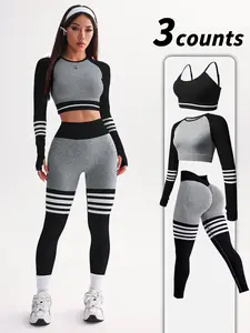 Women's Striped Print Sports Bra & Leggings & Crop Top Tracksuit Set, Sporty Breathable Comfy Outfits for Yoga Gym Workout Running, Ladies Sportswear for All Seasons, Athletic Activewear Tracksuits, Workout Running Clothes
