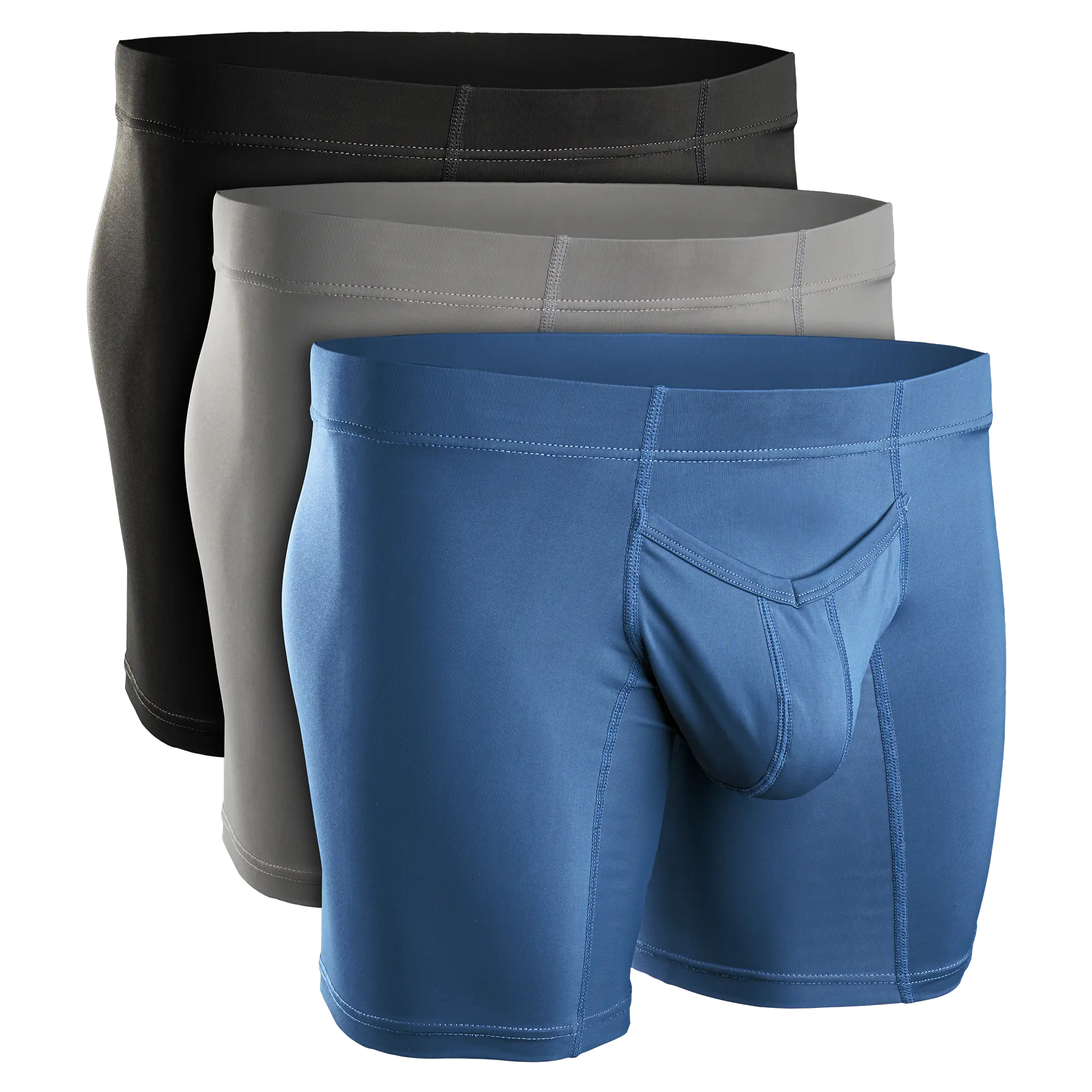 Real Men Nylon V-Fly Pouch Underwear 3 Pack, Black Grey Navy Athletic Compression Fabric Menswear Big Boxers Briefs Day Leaves Pocket Set Smooth Stylish Plain Lingerie Silk Long Sports Clothes Multicolor