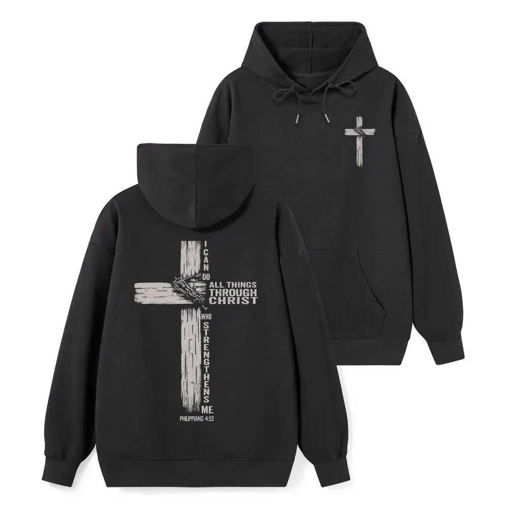 I Can Do All Things Through Christ Christian Hoodie Philippians 4:13 Double Sided Wooden Cross Unisex Hooded Sweatshirt